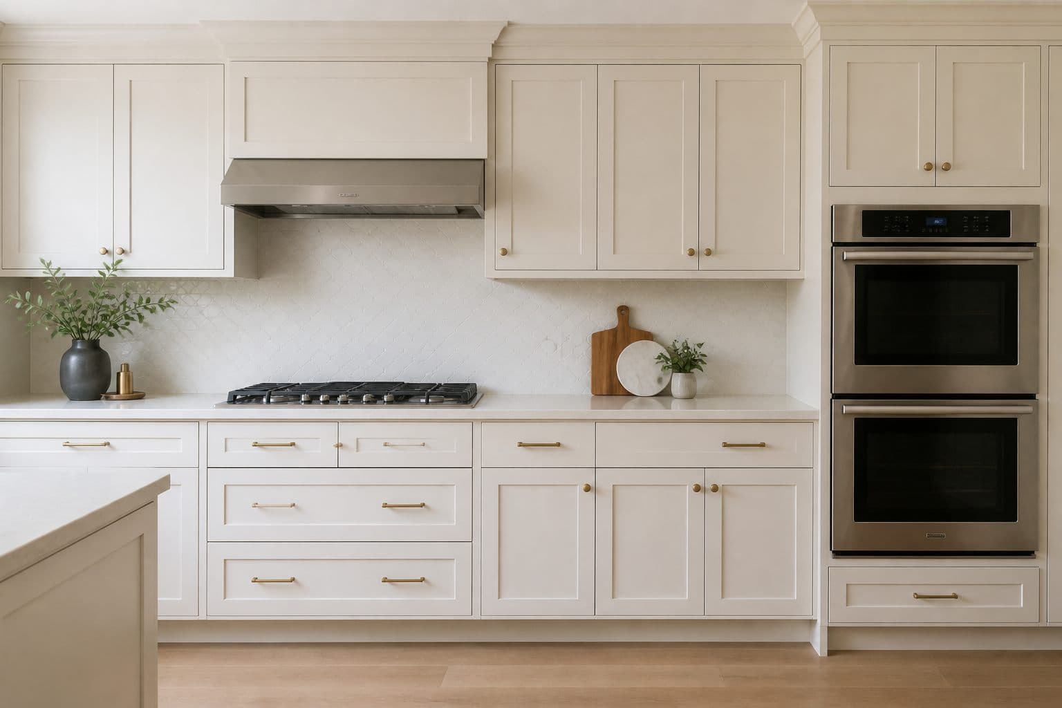 Kitchen cabinets after sprayed enamel refinish